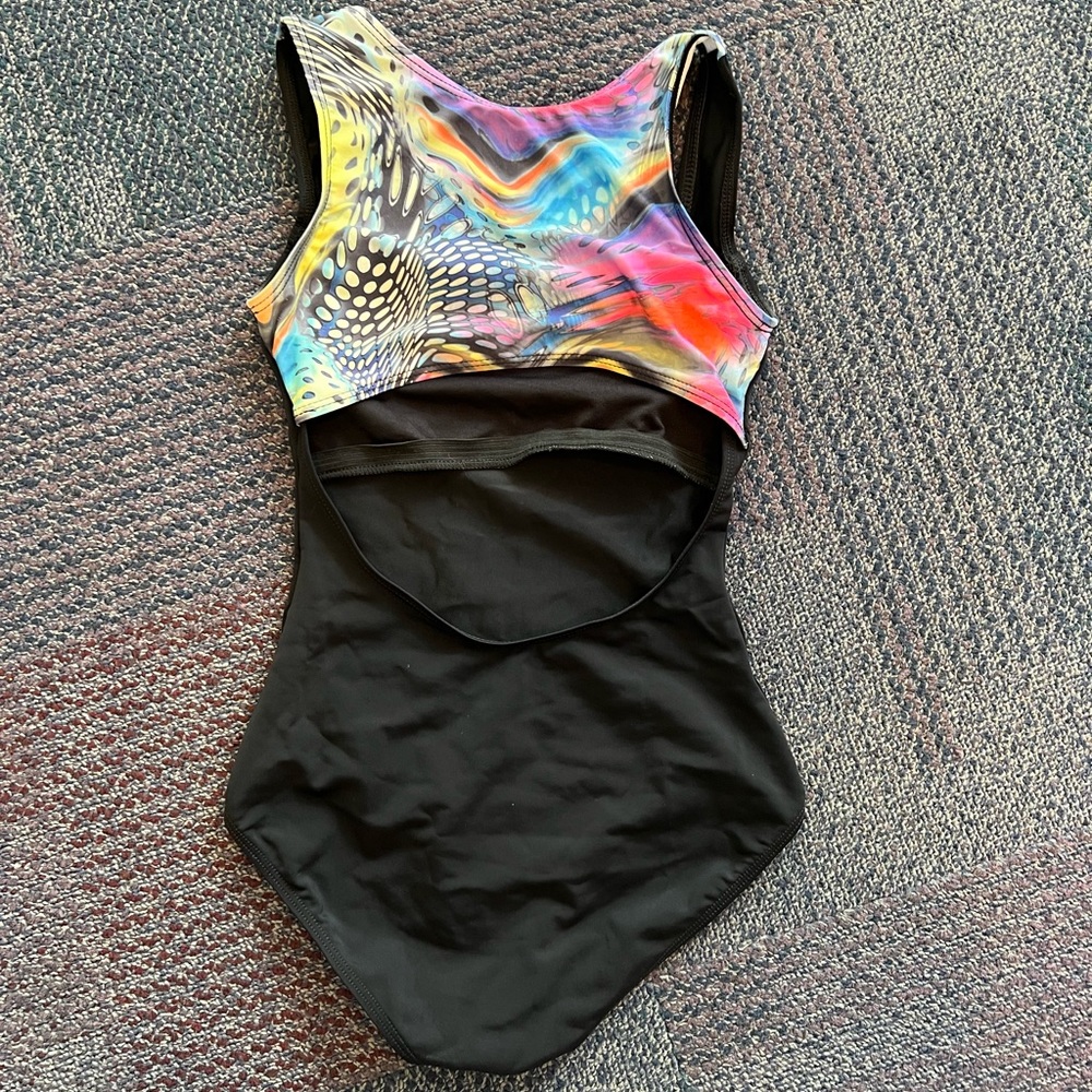 Natalie tank leotard, colorful cutout back, multi color, size Small